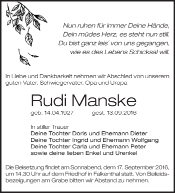 Traueranzeige von Rudi Manske von Märkische Oderzeitung