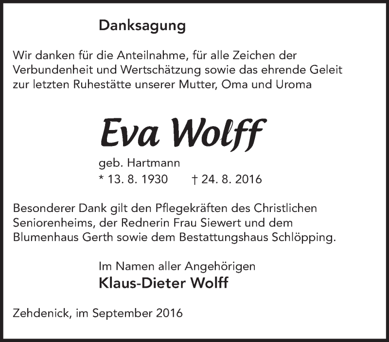  Traueranzeige für Eva Wolff vom 10.09.2016 aus Märkische Oderzeitung