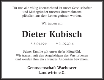 Traueranzeige von Dieter Kubisch von Märkische Oderzeitung