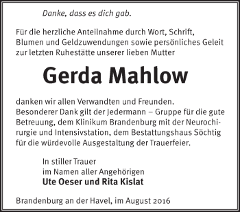 Traueranzeige von Gerda Mahlow von Märkische Oderzeitung