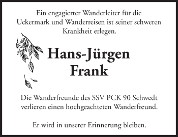 Traueranzeige von Hans-Jürgen Frank von Märkische Oderzeitung