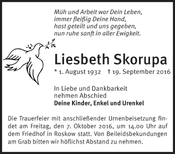 Traueranzeige von Liesbeth Skorupa von Märkische Oderzeitung