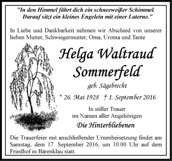 Traueranzeige von Helga Waltraud Sommerfeld von Märkische Oderzeitung