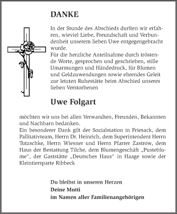 Traueranzeige von Uwe Folgart von Märkische Oderzeitung