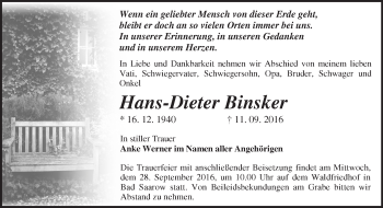 Traueranzeige von Hans-Dieter Binsker von Märkische Oderzeitung