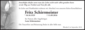 Traueranzeige von Fritz Schirrmeister von Märkische Oderzeitung