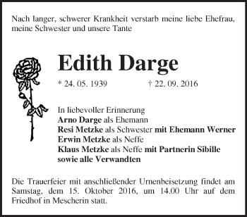 Traueranzeige von Edith Darge von Märkische Oderzeitung