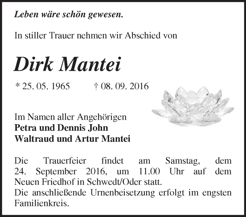  Traueranzeige für Dirk Mantei vom 18.09.2016 aus Märkische Oderzeitung