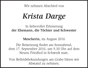 Traueranzeige von Krista Darge von Märkische Oderzeitung