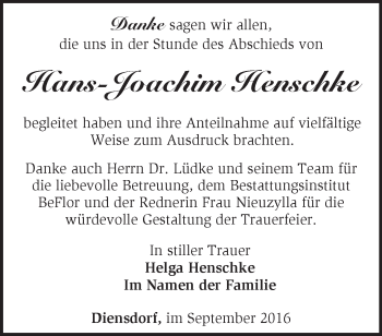 Traueranzeige von Hans-Joachim Henschke von Märkische Oderzeitung