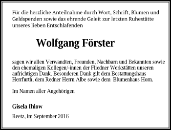 Traueranzeige von Wolfgang Förster von Märkische Oderzeitung