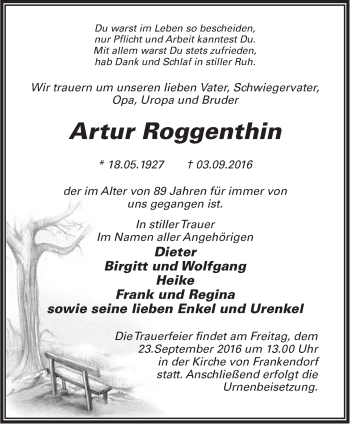 Traueranzeige von Artur Roggenthin von Märkische Oderzeitung