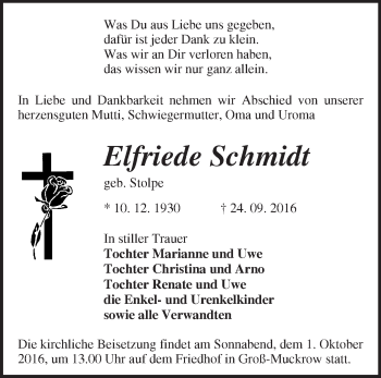 Traueranzeige von Elfriede Schmidt von Märkische Oderzeitung