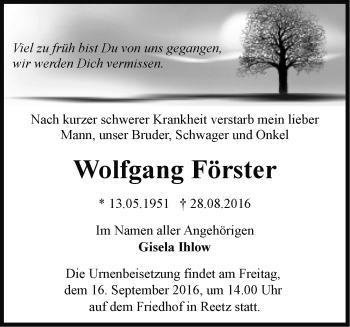 Traueranzeige von Wolfgang Förster von Märkische Oderzeitung