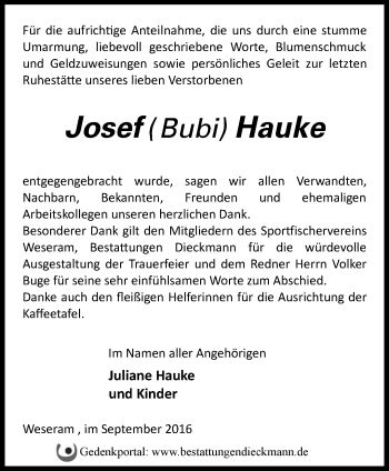 Traueranzeige von Josef Hauke von Märkische Oderzeitung