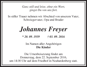 Traueranzeige von Johannes Freyer von Märkische Oderzeitung