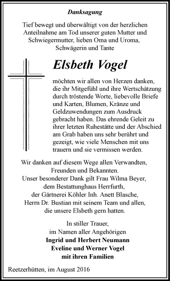 Traueranzeige von Elsbeth Vogel von Märkische Oderzeitung