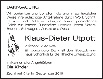 Traueranzeige von Klaus-Dieter Utpott von Märkische Oderzeitung