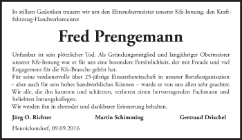 Traueranzeige von Fred Prengemann von Märkische Oderzeitung