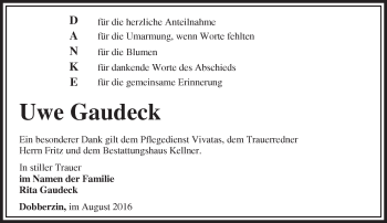 Traueranzeige von Uwe Gaudeck von Märkische Oderzeitung