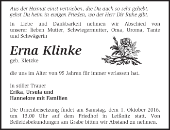 Traueranzeige von Erna Klinke von Märkische Oderzeitung