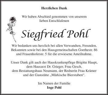 Traueranzeige von Siegfried Pohl von Märkische Oderzeitung