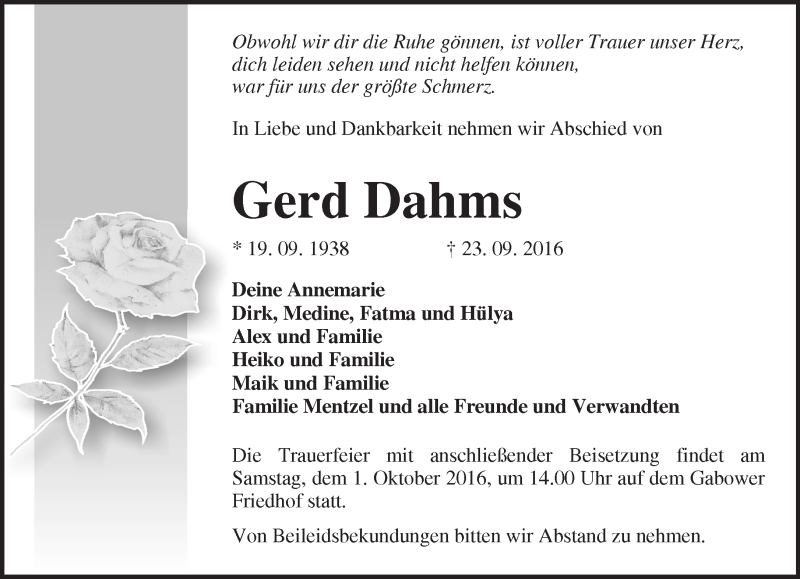  Traueranzeige für Gerd Dahms vom 30.09.2016 aus Märkische Oderzeitung
