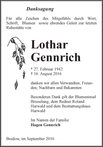 Traueranzeige von Lothar Gennrich von Märkische Oderzeitung