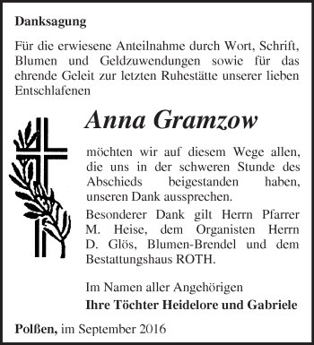 Traueranzeige von Anna Gramzow von Märkische Oderzeitung