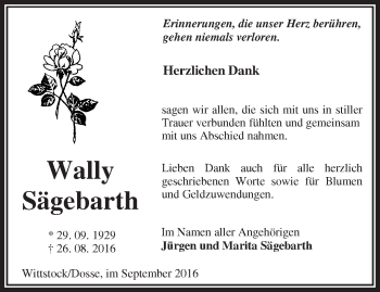 Traueranzeige von Wally Sägebarth von Märkische Oderzeitung