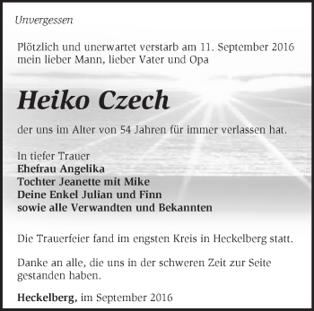 Traueranzeige von Heiko Czech von Märkische Oderzeitung