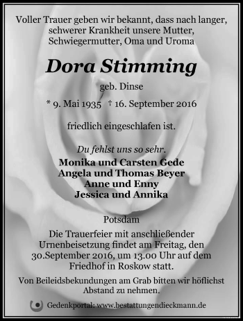 Traueranzeige von Dora Stimming von Märkische Oderzeitung