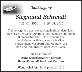 Traueranzeige von Siegmund Behrendt von Märkische Oderzeitung