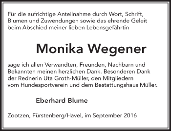 Traueranzeige von Monika Wegener von Märkische Oderzeitung