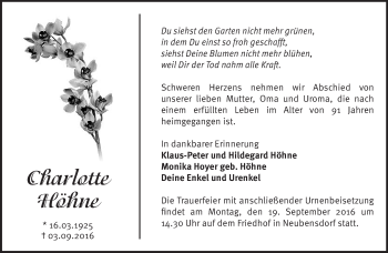 Traueranzeige von Charlotte Höhne von Märkische Oderzeitung