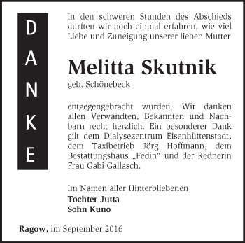 Traueranzeige von Melitta Skutnik von Märkische Oderzeitung