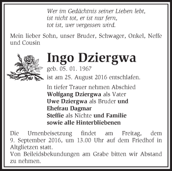 Traueranzeige von Ingo Dziergwa von Märkische Oderzeitung