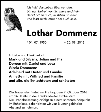 Traueranzeige von Lothar Dommenz von Märkische Oderzeitung