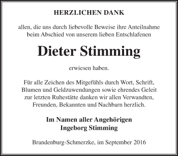 Traueranzeige von Dieter Stimming von Märkische Oderzeitung