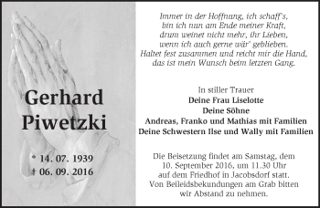 Traueranzeige von Gerhard Piwetzki von Märkische Oderzeitung