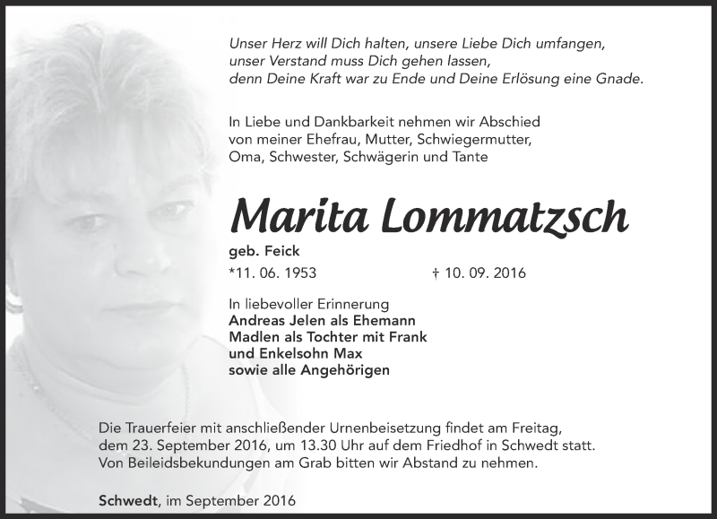  Traueranzeige für Marita Lommatzsch vom 16.09.2016 aus Märkische Oderzeitung