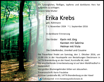 Traueranzeige von Erika Krebs von Märkische Oderzeitung