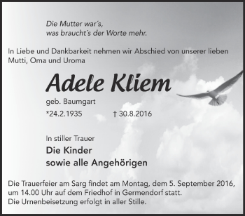 Traueranzeige von Adele Kliem von Märkische Oderzeitung