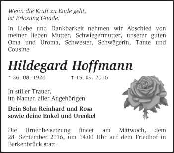 Traueranzeige von Hildegard Hoffmann von Märkische Oderzeitung