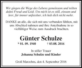 Traueranzeige von Günter Schulze von Märkische Oderzeitung