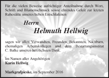 Traueranzeige von Helmuth Hellwig von Märkische Oderzeitung