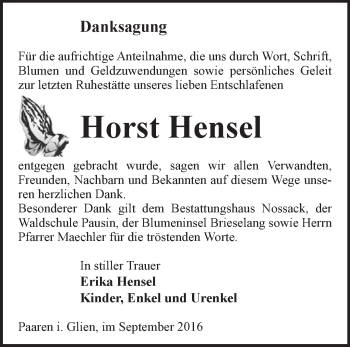 Traueranzeige von Horst Hensel von Märkische Oderzeitung