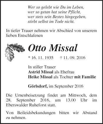 Traueranzeige von Otto Missal von Märkische Oderzeitung