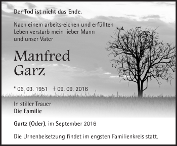 Traueranzeige von Manfred Garz von Märkische Oderzeitung