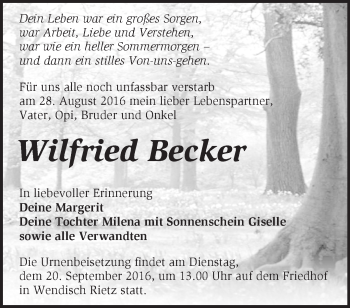 Traueranzeige von Wilfried Becker von Märkische Oderzeitung